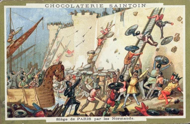 Belagerung von Paris durch die Normannen im 9. Jahrhundert, Werbung für Chocolaterie Saintoin, ca. 1900