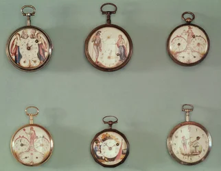 Sechs Taschenuhren mit revolutionären Symbolen verziert (Metall & Emaille)