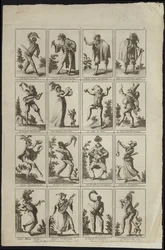 Sechzehn Tafeln mit Figuren in Kostümen