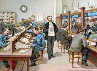 Sortierung der Post in einem Pariser Postamt, Illustration aus einem Postkalender, 1904