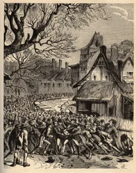 Soule-Spiel (Vorfahre des Fußballs) - (Frankreich) - Le jeu de la soule in Basse-Normandie (vermuteter Vorfahre von Fußball und Rugby) - Gravur in 