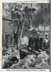 Spanischer Admiral Cervera und seine Offiziere ergaben sich den Amerikanern. Der Unabhängigkeitskrieg Kubas, das unter spanischer Herrschaft stand, brach 1895 aus, und die Kubaner baten die Amerikaner um Intervention. So begann und endete der Krieg zwische