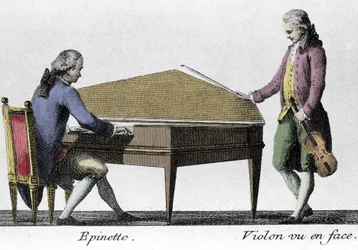 Spinett- und Geigenspieler. Gravur aus dem späten 18. Jahrhundert.