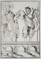 St. Cado und der Teufel, Kopie eines populären französischen Drucks, illustriert in einer Geschichte der Magie, veröffentlicht Ende des 19. Jahrhunderts