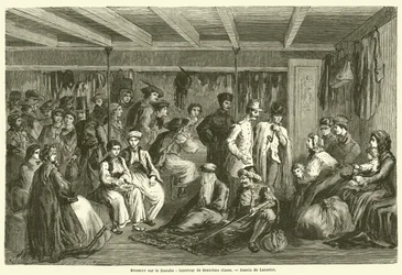 Dampfer auf der Donau, Innenraum der zweiten Klasse (Gravur)