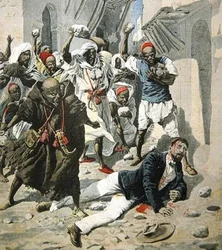 Steinigung von Doktor Emile Mauchamp in Marrakesch, Titelillustration aus Le Petit Journal, 7. April 1907