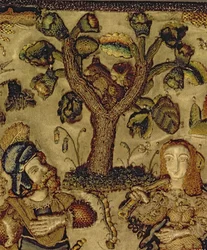 Stumpwork, ein Paar unter einem Baum darstellend, Detail vom Deckel einer Truhe (Seide)