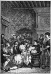 THOMAS KARDINAL WOLSEY (1475? -1530) WIRD AM TISCH VON ADELIGEN UND GENTLEMEN BEDIENT - THOMAS WOLSEY (1475? -1530) wurde von seinen Männern höchsten Ranges auf Knien bedient - Gravur in „L