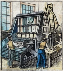 Textil, Leinen: die Werkstatt. Kamm, um das Leinen zu entfernen und zu glätten, das durch das Zeichnen in immer dünnere Bänder verwandelt wird. Gravur. Epinal-Bildgebung Ende des 19. Jahrhunderts.