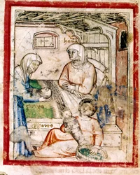 Thamar (Tamar) gebiert zwei Zwillinge, Perets und Zerah, Söhne von Juda, Miniatur aus Codex 212 (oder Padovano Codice oder Bibel von Padua), 1390-1400