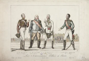 Die alliierten Herrscher in Paris, 1815, Alexander I., Kaiser von Russland, Ludwig XVIII., König von Frankreich, Franz I., Kaiser von Österreich und Friedrich Wilhelm III., König von Preußen, veröffentlicht von Martinet