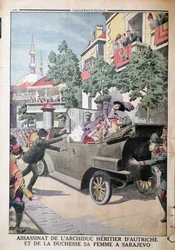 Die Ermordung des Erzherzogs Franz Ferdinand von Österreich (1863-1914) und seiner Frau, Herzogin Sophie, durch Gavrilo Princip (1895-1918) in Sarajevo, 28. Juni 1914, aus Le Petit Journal, 12. Juli 1914