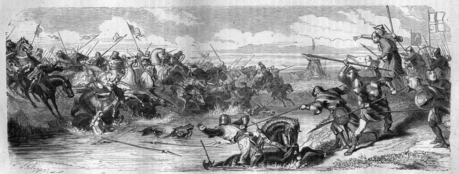 Die Schlacht von Kortrijk (Schlacht der Goldenen Sporen) zwischen dem König von Frankreich und der flämischen Gemeindemiliz am 11. Juli