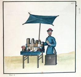 Der Buchhändler, aus einem Buch über die Straßenrufe von Peking, um 1785