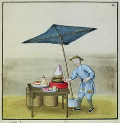 Der Kuchenverkäufer, aus einem Buch über die Straßenrufe von Peking, um 1785