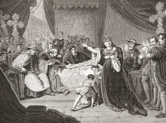 Der Gerichtshof für den Prozess von Königin Katharina von George Henry Harlow, Darstellung von Mrs. Siddons als Königin Katharina in Shakespeares Henry VIII. Aus Histoire des Peintres, École Anglaise, veröffentlicht 1867
