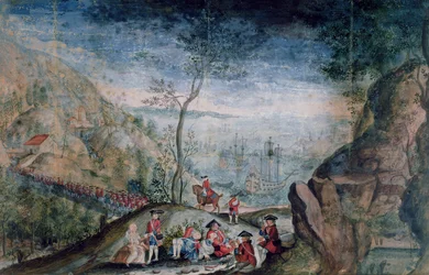 Die Ausschiffung von 50 Soldaten des Karrer Schweizer Regiments in Louisbourg auf der Insel Cap-Breton, zwischen 1722-33
