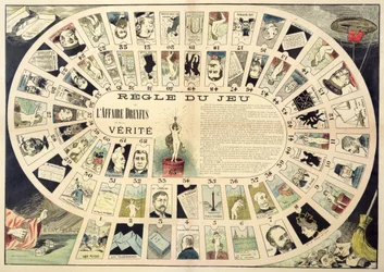 Das Dreyfus-Affäre-Spiel, mit Porträts der beteiligten Personen, späte 19. Jahrhundert