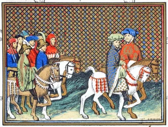 Die Herzöge von Exeter und Surrey werden von Richard II. von Schloss Conway nach Chester geschickt, um mit dem Herzog von Lancaster zu verhandeln, Faksimile-Kopie aus Le Prinse et Mort du Roy Richart von Jean Creton, nachgedruckt im 19. Jahrhundert