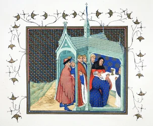 Der Graf von Northumberland bei der Hochmesse in der Kapelle von Schloss Conway, als er seinen verräterischen und tödlichen Eid ablegt, Faksimile-Kopie aus Le Prinse et Mort du Roy Richart von Jean Creton, nachgedruckt im 19. Jahrhundert