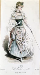 Die Elektrizitätsfee, Kostüm für einen Kostümball mit Batterie, ca. 1885