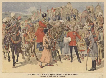 Der Emir von Afghanistan bei seiner Ankunft in Peshawar auf einem Besuch in Indien (Farblithografie)