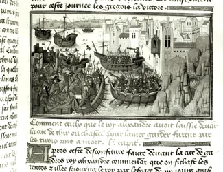 Der erste Angriff auf Tyrus, aus der Histoire du Grand Alexandre 1460