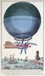 Die erste Kanalüberquerung mit dem Flugzeug von Jean Pierre Francois Blanchard und John Jeffries, 1785
