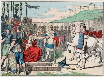 Der gallische Anführer Vercingetorix (80-46 v. Chr.) geht zu Julius Caesar (100-44 v. Chr.) nach Alesia im Jahr 52 v. Chr. - Gravur Ende des 19. Jahrhunderts in „Nos Gires Nationales - Images et récits“