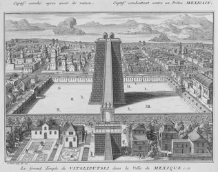 Der Große Tempel von Vitsliputsli in Mexiko-Stadt, Illustration aus Religiöse Zeremonien und Bräuche, graviert von Bernard Picart (1673-1733) 1722