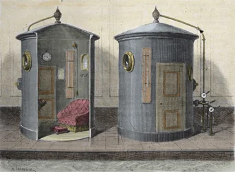 Die hyperbare Kammer von Paul Bert (1833-1887), Physiologe und französischer Politiker. Gravur von 1855.