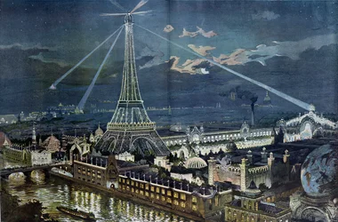Die Beleuchtung des Champs de Mars Palastes mit den Scheinwerfern auf dem Eiffelturm während der Pariser Ausstellung
