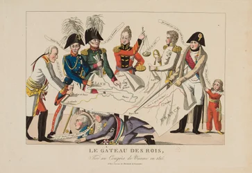 Der Königskuchen wird auf dem Wiener Kongress angeschnitten (November 1814-Juni 1815), um 1815