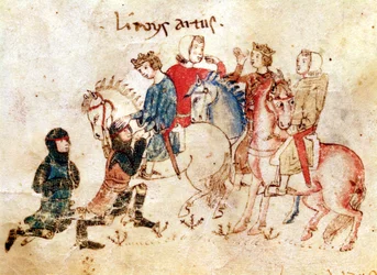 Die Ritter Esclabor und Arphasar bieten König Artus ihre Dienste an, aus dem Roman de Meliadus