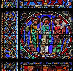 Das Leben Christi Fenster: Drei Heilige bei der Darstellung im Tempel (mit dem nächsten Panel)