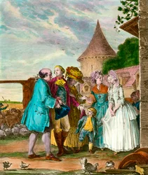 Der Herr und sein Bauer. Gravur des 18. Jahrhunderts. Private Sammlung.