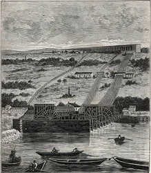 Die Maschine von Marly - Ansicht der Maschine des Aquädukts von Marly, installiert in Bougival - Der Aquädukt von Louveciennes (oder Marly) zur Versorgung von Versailles und dem Schloss von Marly mit Wasser - Gravur in "Sciences put at the disposal of all 