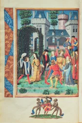 Der magische Garten, mit allegorischen Figuren von Höflichkeit, Liebe, Schönheit und Freigebigkeit, aus dem Roman de la Rose