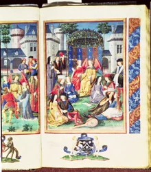 Der magische Garten, mit allegorischen Figuren von Reichtum, Höflichkeit, Freigebigkeit, Schönheit, Liebe, Aufrichtigkeit und Jugend, aus dem Roman de la Rose