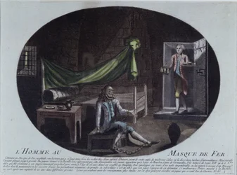 Der Mann mit der eisernen Maske (gest. 1703) im Gefängnis der Bastille, Druck von 1789-90, der ihn als Louis de Bourbon, Comte de Vermandois, Sohn von Ludwig XIV. (1638-1715) und Louise de la Valliere (16) identifiziert