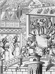 Die Münzstätte, nach einem Holzschnitt in De lInstitution de la Chose Politique, eine Übersetzung des lateinischen Werkes von Francis Patricius, veröffentlicht 1520
