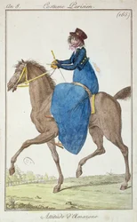 Die Pose der Amazone, Modeplatte aus Costumes Parisiens, 1800