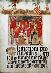 Der Prokurator der Picard-Nation kniet vor dem heiligen Rumold