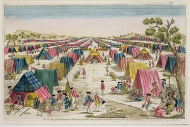 Das preußische Armeelager, nach dem Leben auf den Feldern in Pommern gezeichnet, graviert von Vale, um 1750
