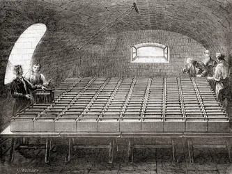 Die elektrische Batterie der Royal Institution, aus Les Merveilles de la Science, veröffentlicht 1870