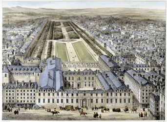 Der Königspalast im Jahr 1679, gesehen von der Rue St Honoré - Lithographie