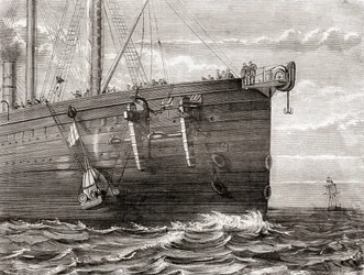 Die S.S. Great Eastern wirft eine Boje ins Meer, um die Stelle eines verlorenen transatlantischen Telegraphenkabels zu markieren
