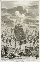 Das Opfer an Quitchi-Manitou, oder Der Große Geist, von den Kanadiern, Illustration aus Religiöse Zeremonien und Bräuche, graviert von Bernard Picart (1673-1733) 1723