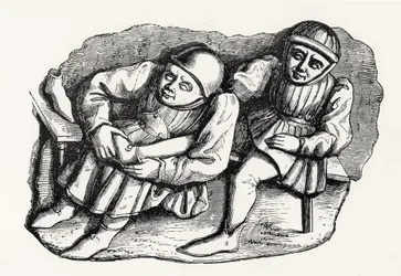 Der Schuster und sein Kunde, kopiert von einem der Misericordia-Stände im Chor der Kathedrale von Rouen, Illustration aus Wissenschaft und Literatur im Mittelalter und der Renaissance, geschrieben und