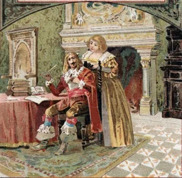 Der Sire von Beringhen und Madame du Fargis verschworen sich gegen Richelieu (Armand Jean du Plessis, Kardinal von Richelieu (1585-1642), Minister von Ludwig XIII., im Schloss von Azay-le-Rideau. Chromolithographie aus dem späten 19. Jahrhundert